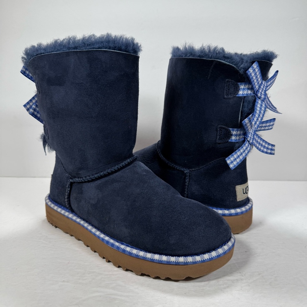 UGG Bailey Bow Gingham Ribbon Navy Blue Boots Women Size 5